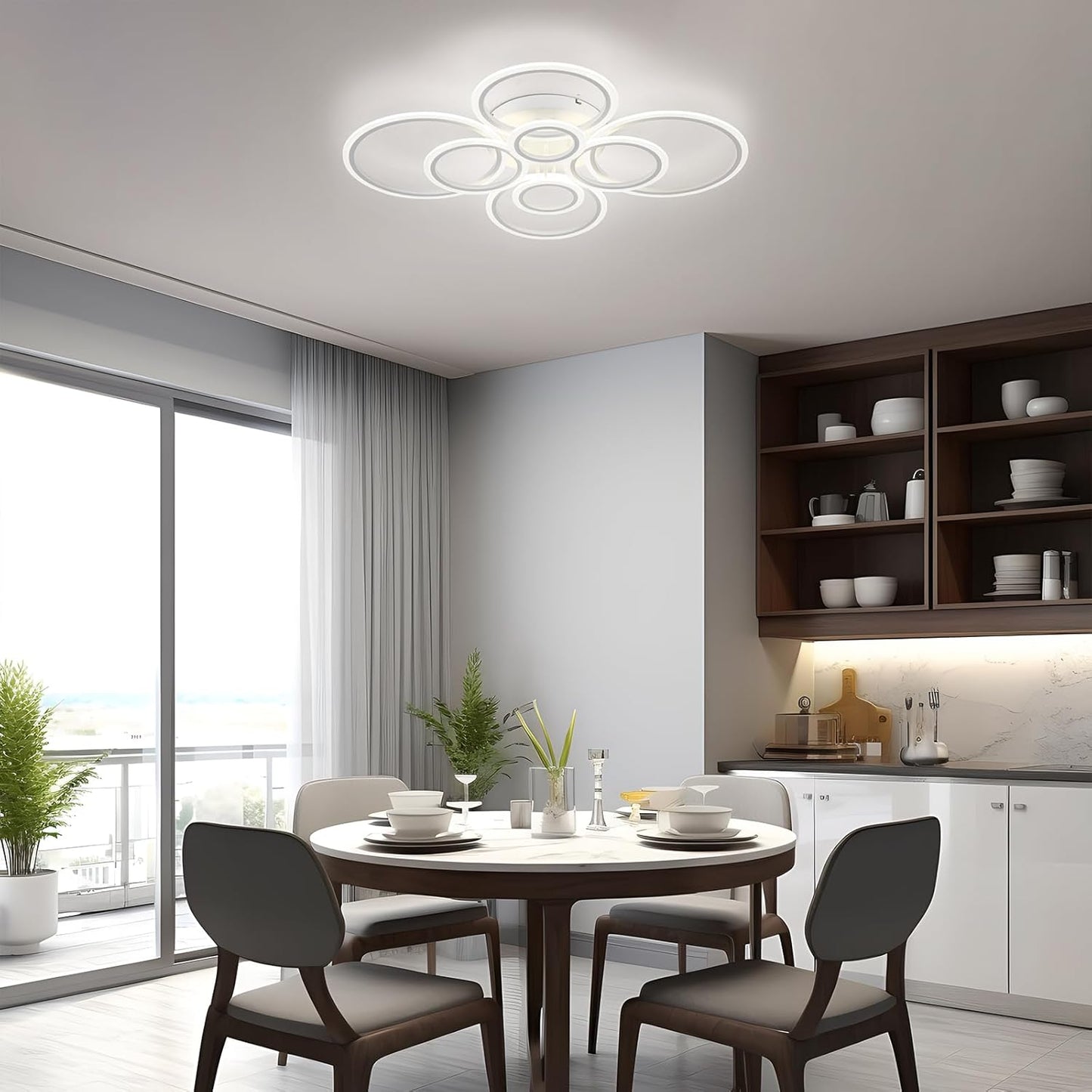 Modern LED Flush Mount Ceiling Light - 4 Rings 4000K Fixture for Kitchen & Living Room