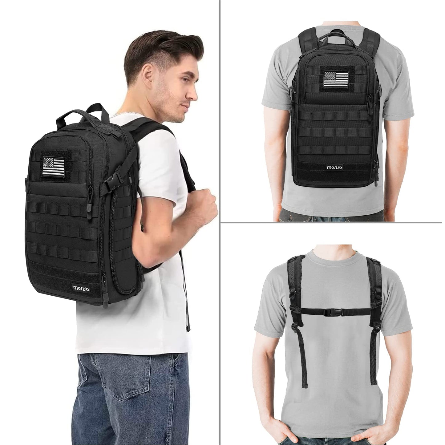 MOSISO Tactical Backpack, 2-Layer Military Daypack 3 Day Assault Pack Rucksack Outdoor Hiking Hunting Camping Training Travel Shoulder Bag with Trolley Belt & USA Flag Patch, Black