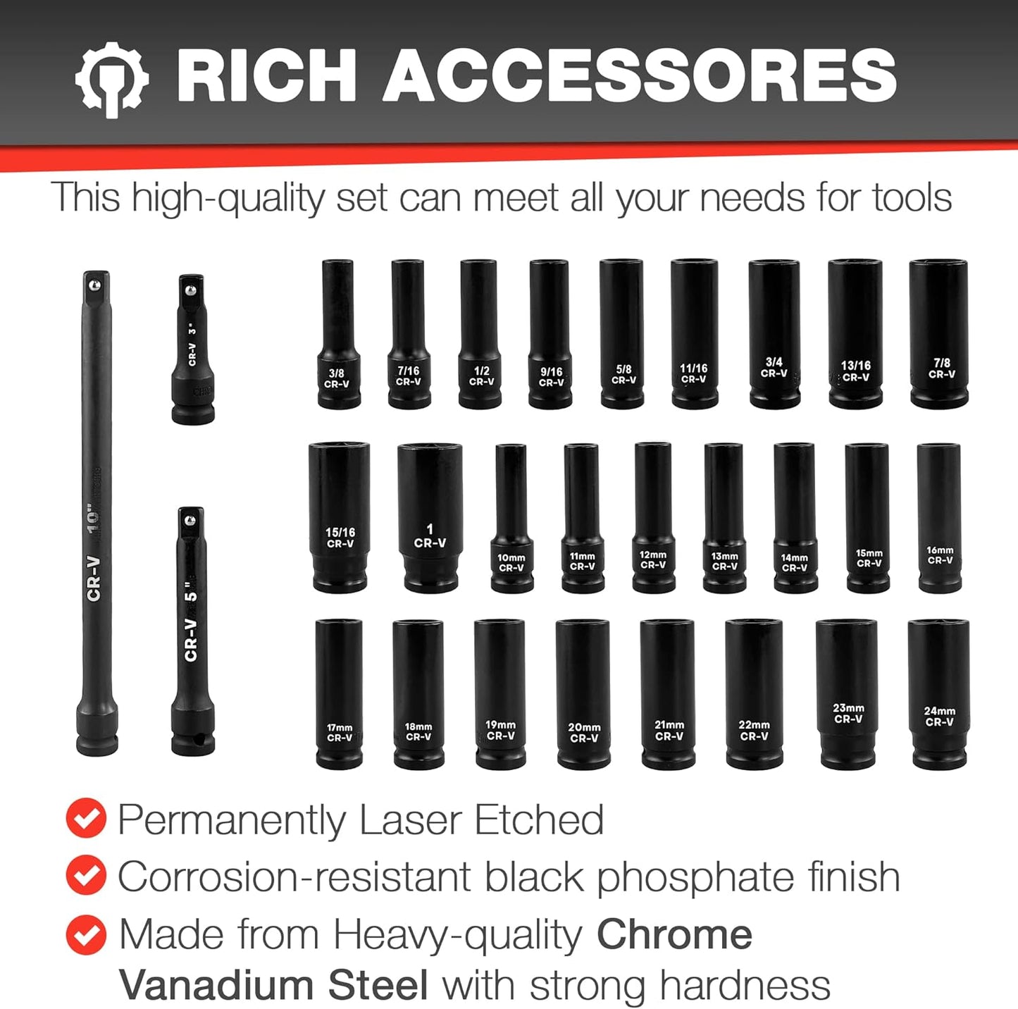 29-Piece Deep Impact Socket Set with Extensions | SAE & Metric Cr-V Steel