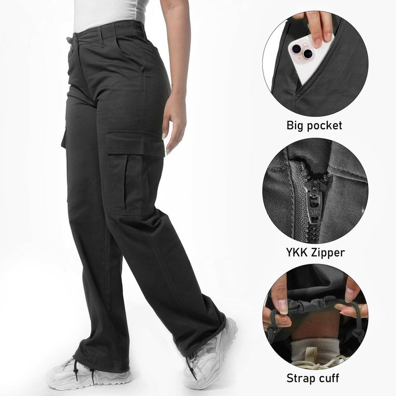 Soulsfeng Womens Black Baggy Cargo Pants Relaxed Fit Straight Wide Leg Cotton Hiking Pants Size 4