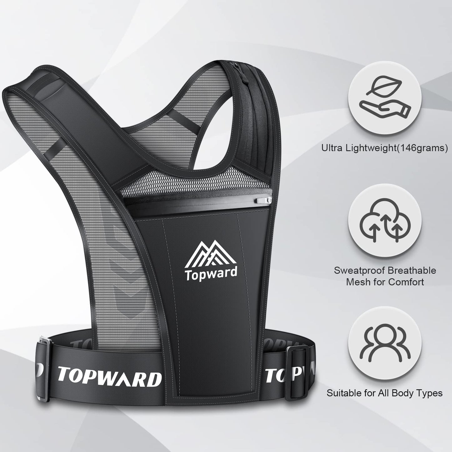 Topward Running Vest Phone Holder for Men Women, Waterproof Cell Phone & Key Pouch, Reflective Hydration Vest Train Free Workout Gear - Lightweight, Breathable Mesh Pockets - Adjustable Waistband