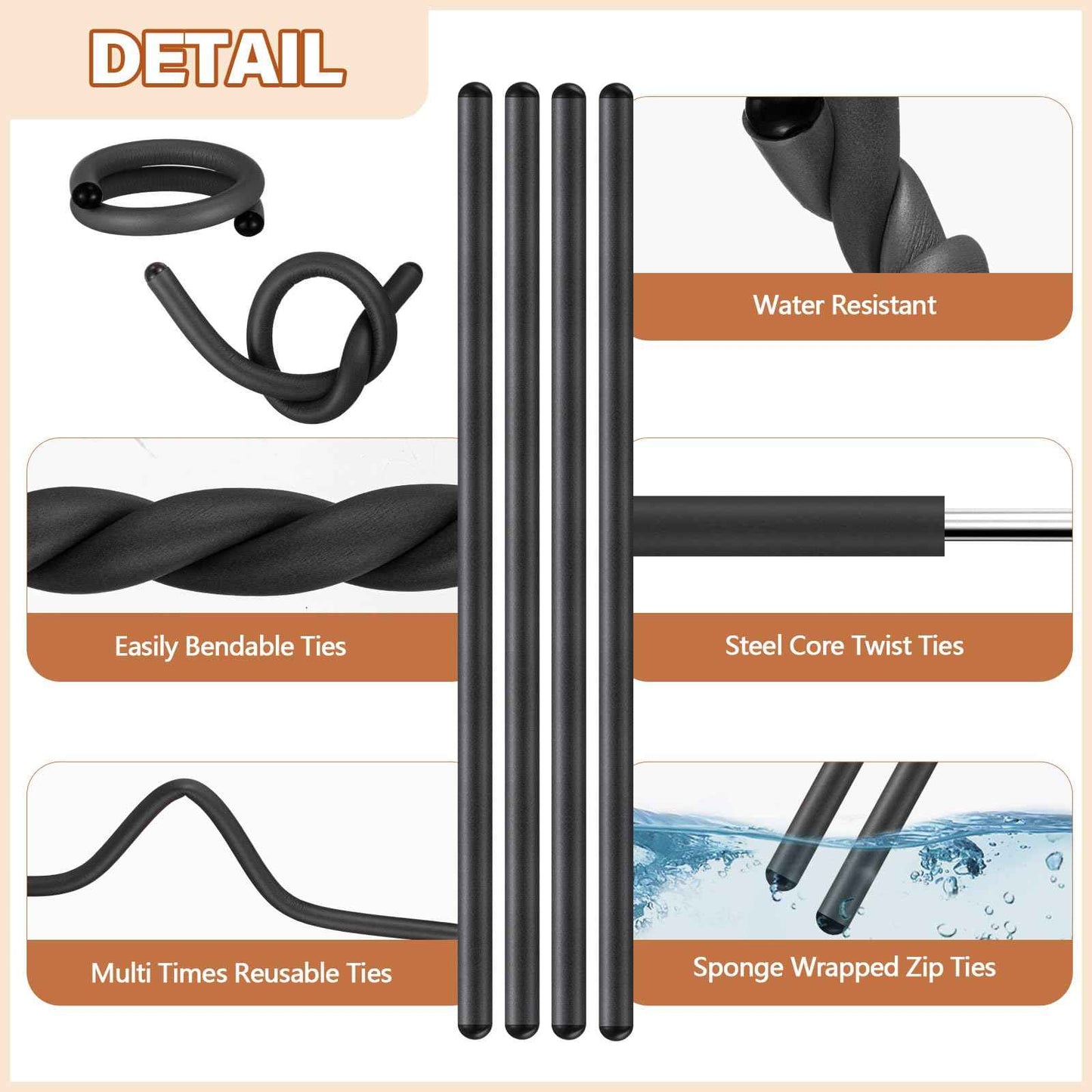 Ninehaoou 20 Pcs 17 Inch EVA Foam Twist Rubber Ties Reusable Bendable Cable Tie Straps Flexible Heavy Duty Twisty Ties for Organizing Cords Bundling (Black)