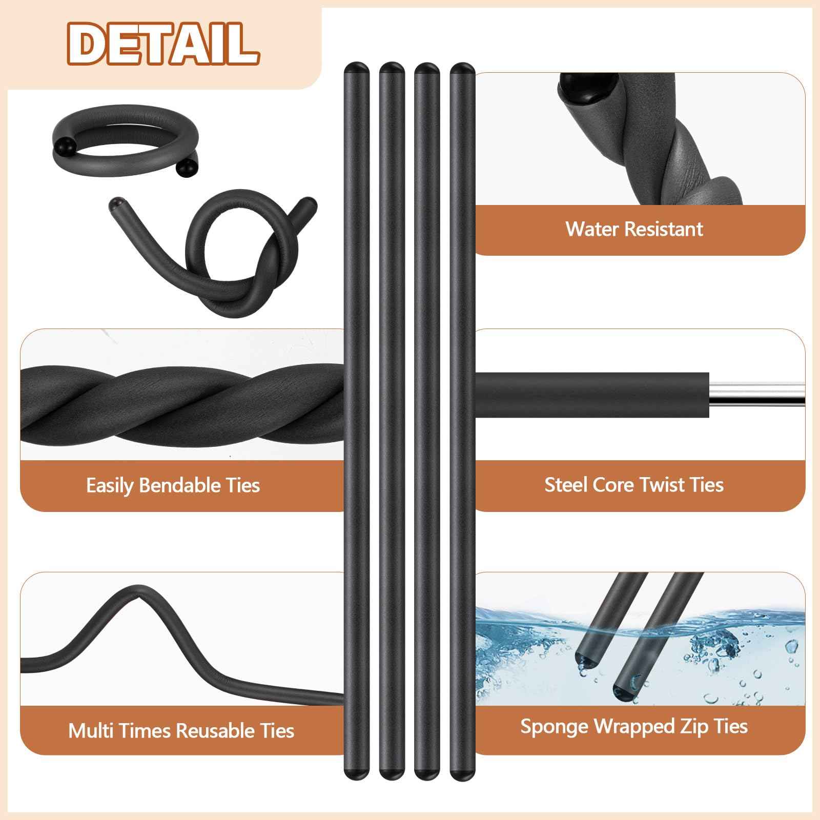 Ninehaoou 20 Pcs 17 Inch EVA Foam Twist Rubber Ties Reusable Bendable Cable Tie Straps Flexible Heavy Duty Twisty Ties for Organizing Cords Bundling (Black)