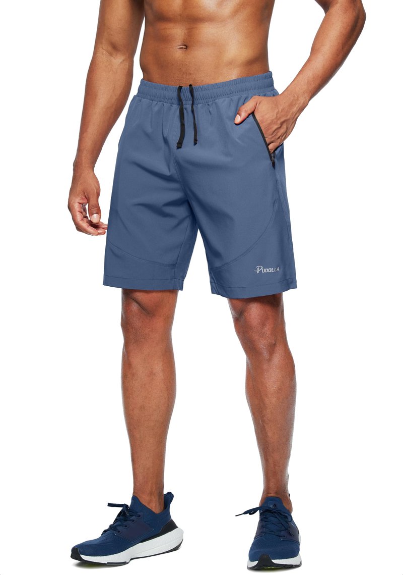 Pudolla Men's Workout Running Shorts Lightweight Gym Athletic Shorts for Men with Zipper Pockets(Blue Grey Large)