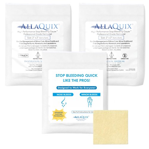 AllaQuix High Performance Stop Bleeding Gauze Pads – 3-Pack (2"x2") | Hemostatic Wound Dressing for Cuts & First Aid Kits | Sterile, Drug-Free, Fast Clotting Pads