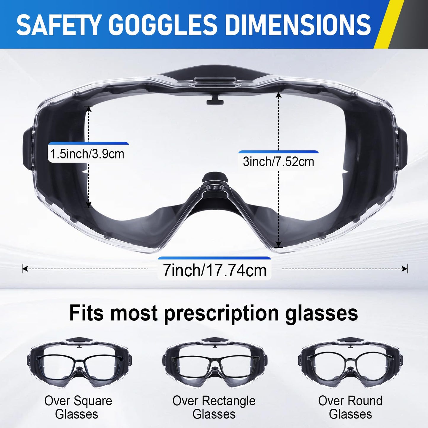 TICONN Anti-Fog Safety Goggles, Adjustable Safety Goggles Over Glasses, ANSI Z87.1 UV385 Eye Protection Glasses for Adults