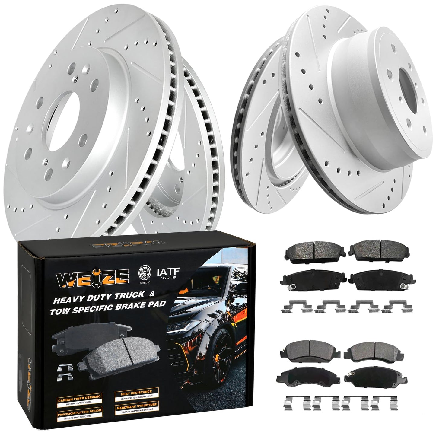 WEIZE Front and Rear Truck & Tow Brake Kit, Carbon Fiber Ceramic Brake Pads + Drilled Slotted Rotors, Fit for Chevy Silverado 1500 Suburban Tahoe GMC Sierra Yukon XL Cadillac Escalade 2007-2014