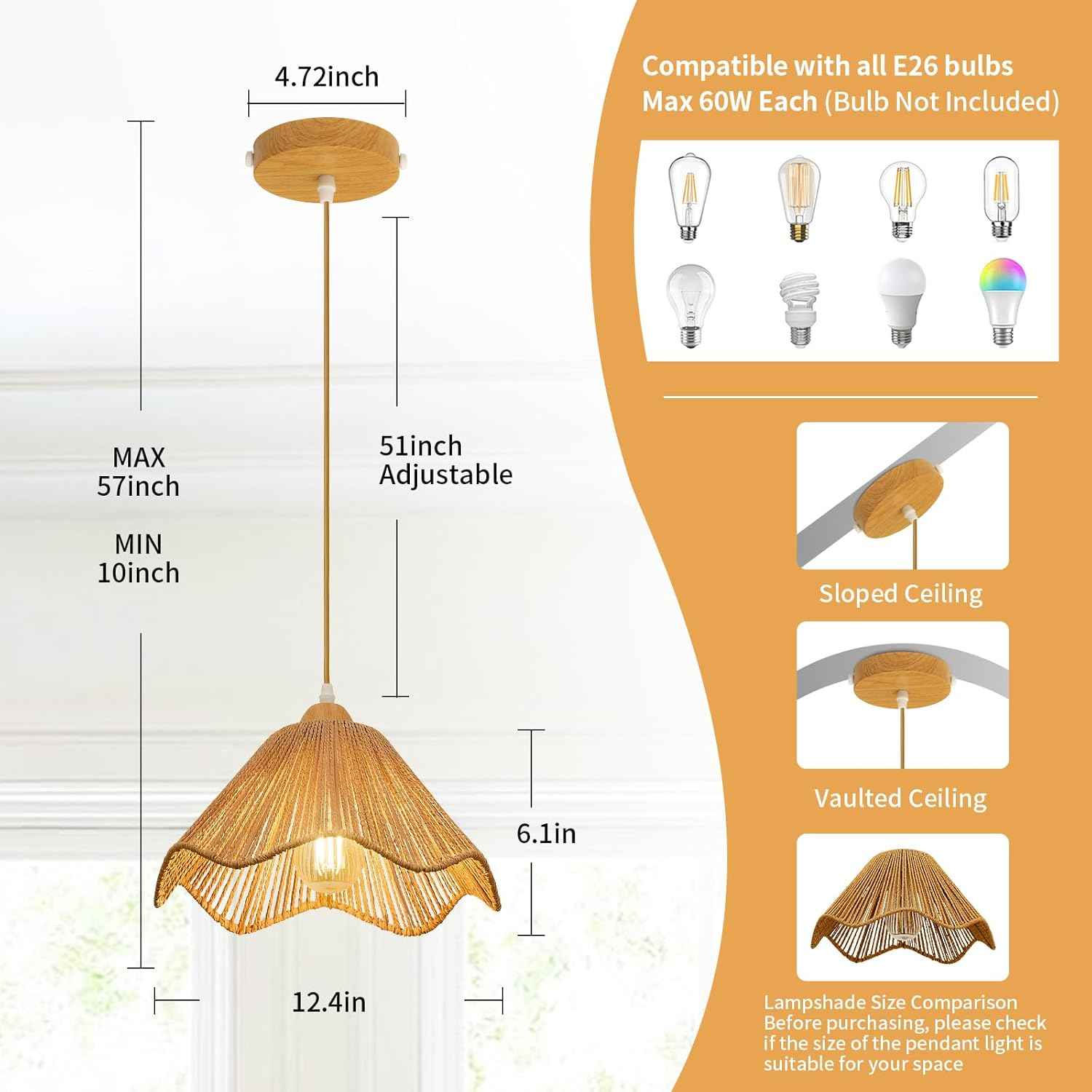 Rattan Chandelier Pendant Lights - 3 Pack Adjustable Height Boho Farmhouse Ceiling Fixtures for Kitchen & Dining Room