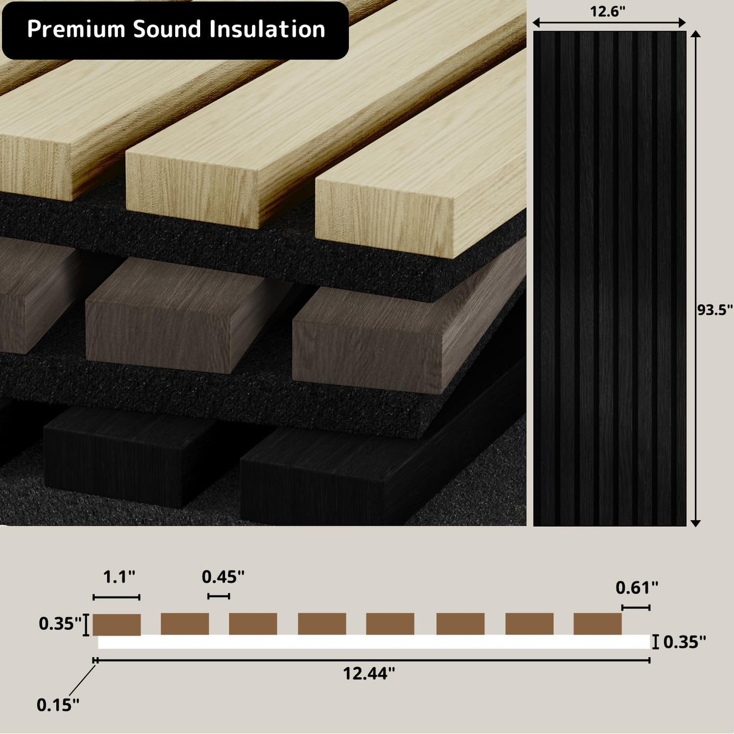 Sunny Heart Wood Slat Wall Panels, Solid Wooden Panels, 2 Pack 93.5" x 12.6" Soundproof Wall Panels, 3D Textured Wood Panel Acoustic Fluted Panels for Wall Decor, Black