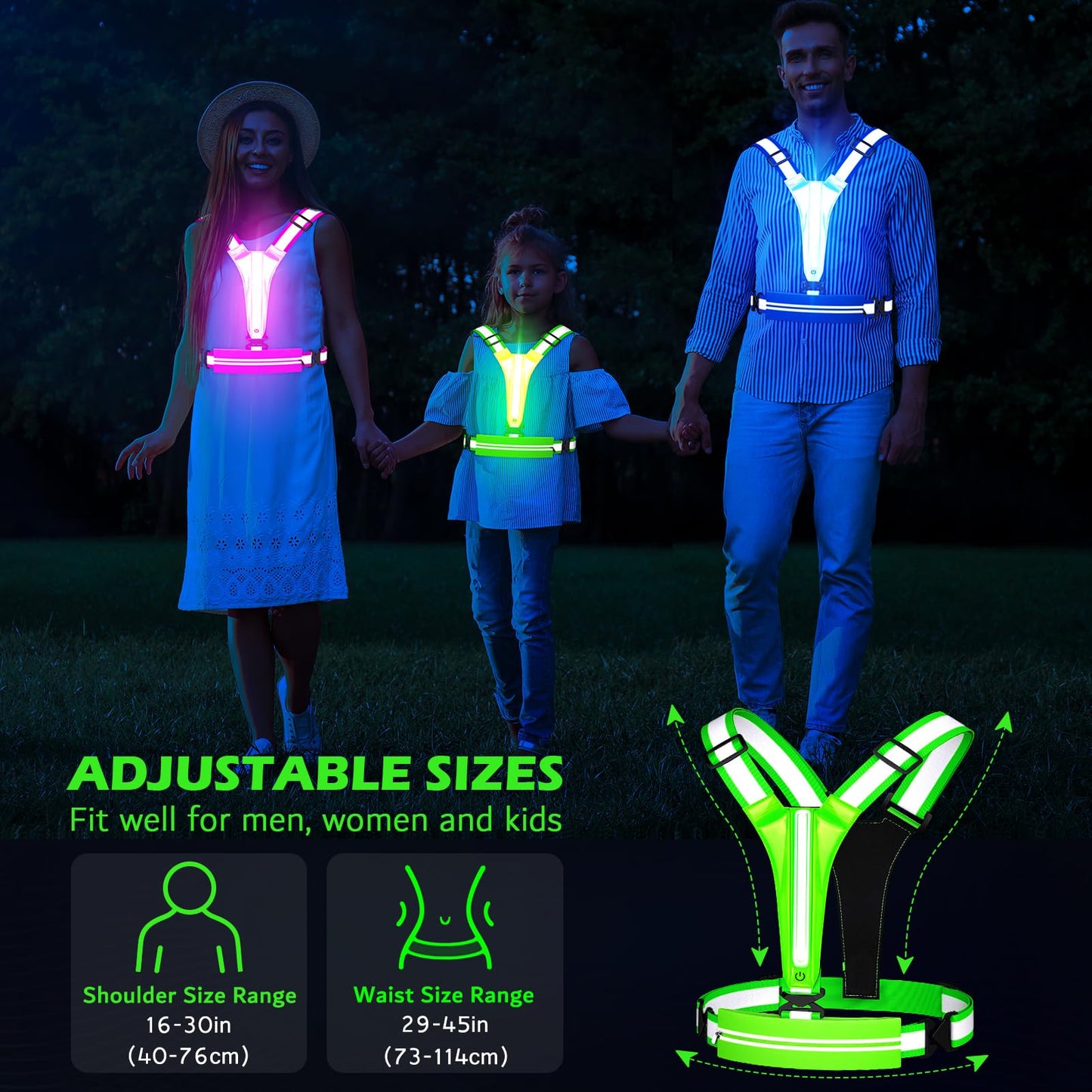 Ylzzrs LED Reflective Vest Running Gear, USB Rechargeable Light Up Running Vest Chest Phone Holder for Runners Night Walking,6-11hrs Light Adjustable Waist/Shoulder for Women Men Kids (Green)