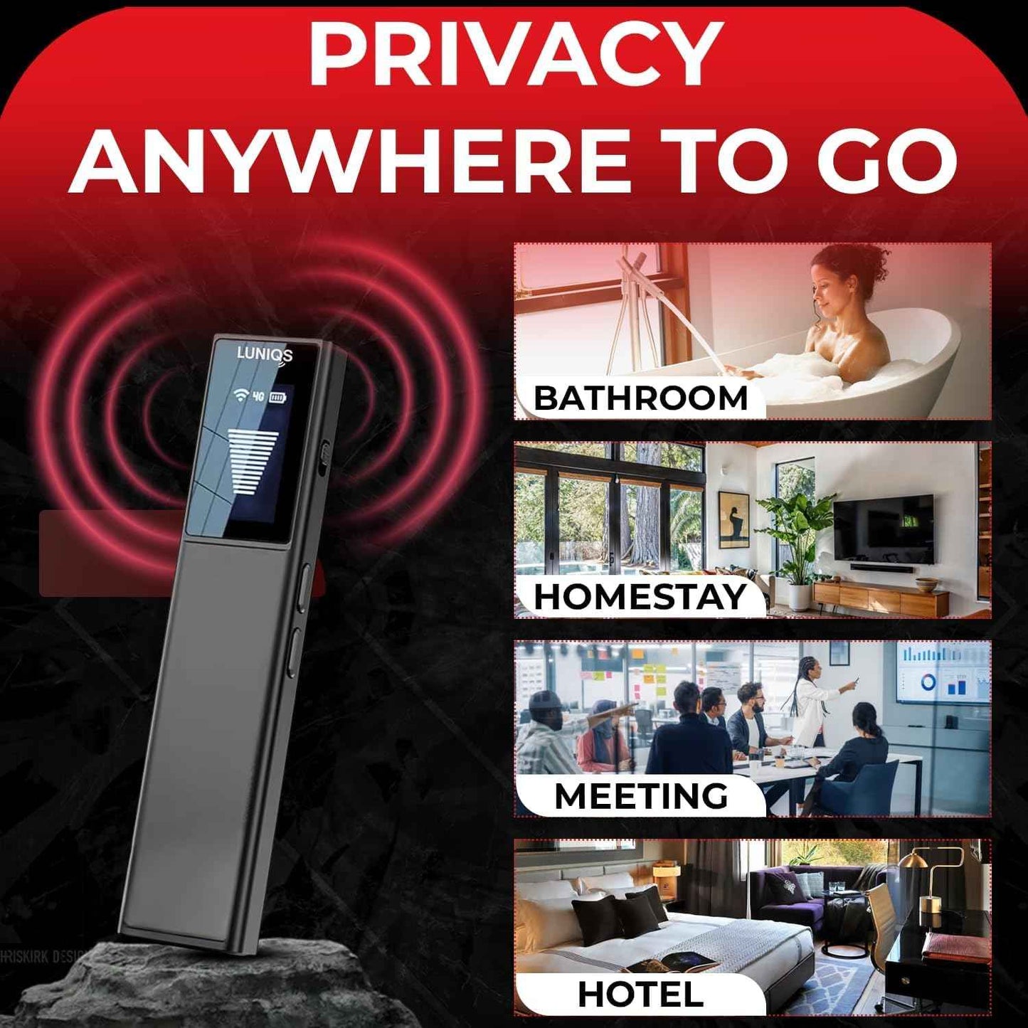 LUNİQS Hidden Camera Detectors -2025- Hidden Bug and Camera Detector & Spy Camera Finder, GPS Tracker Detector, RF Detector & Bug Detector (4 Mode – LCD Screen) for Travel, Home & Office Security