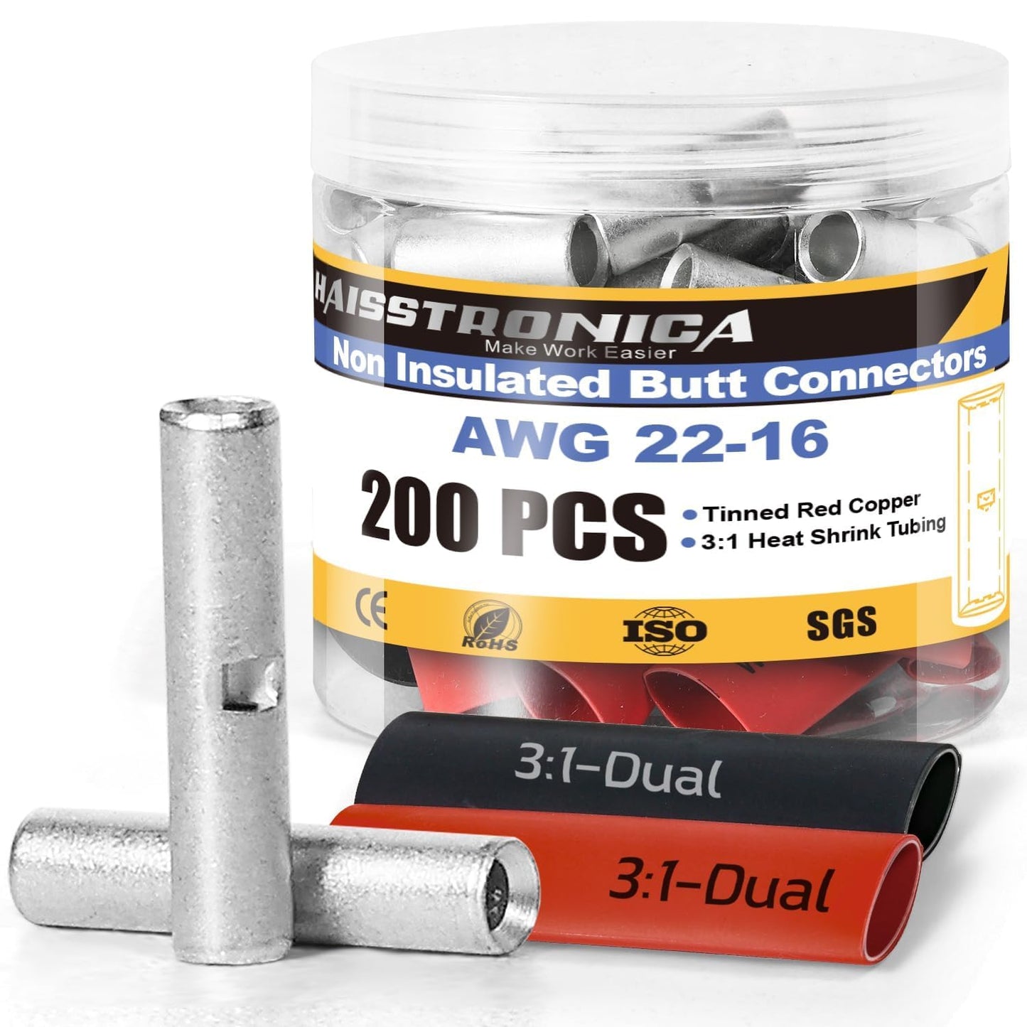 haisstronica 200PCS Non Insulated Butt Connectors Kit with Heat Shrink Tubing, AWG 22-16 Tinned Copper Seamless Butt Splice Terminals and 3:1 Shrink Tube for Automotive, Marine, Wiring Projects