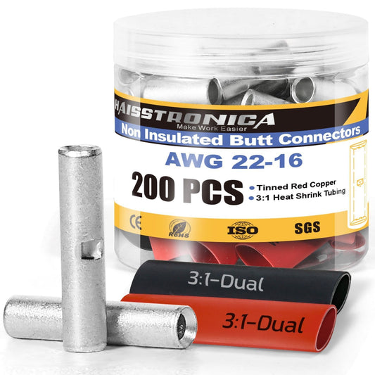 haisstronica 200PCS Non Insulated Butt Connectors Kit with Heat Shrink Tubing, AWG 22-16 Tinned Copper Seamless Butt Splice Terminals and 3:1 Shrink Tube for Automotive, Marine, Wiring Projects