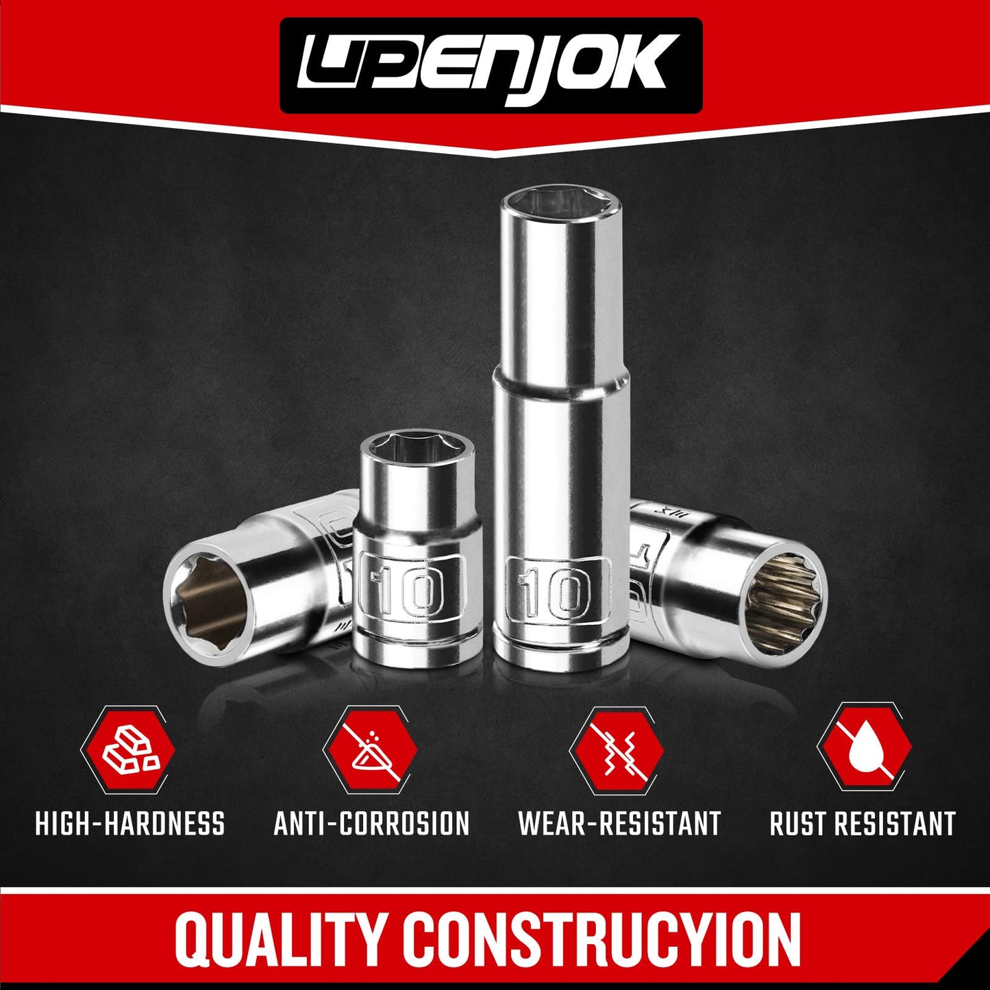 Upenjok 6PCS 3/8" Drive 10mm Socket Set, Deep & Shallow, Mirror Finish, Cr-V Steel