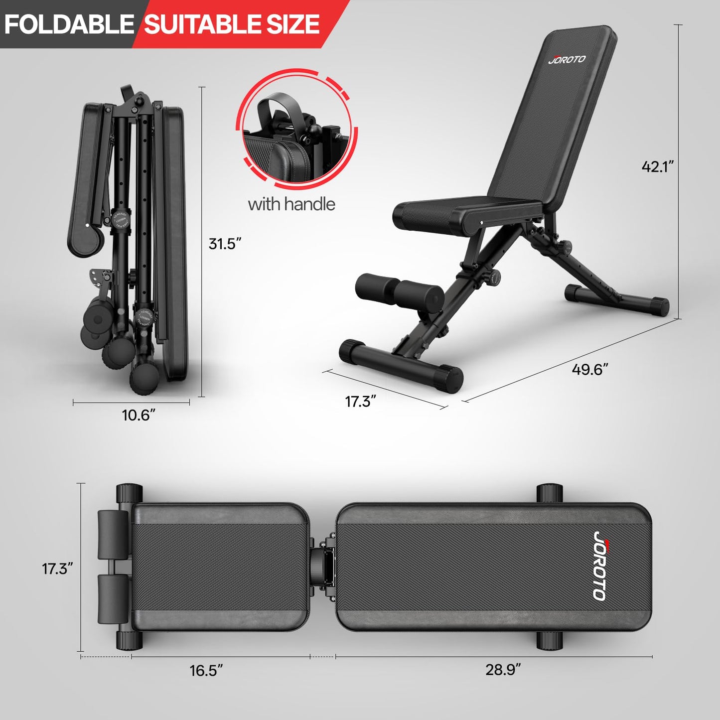 JOROTO Adjustable Weight Bench - 1300LBS Heavy Duty Workout Bench for Strength Training, Decline/Flat/Incline Bench Press with 34" Extra-Long Backrest & Wheels for Full Body Exercise, Black