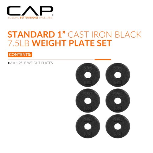 CAP Barbell Cast Iron Standard 1-Inch Weight Plate Set – Barbell Weights for Home Gym, Strength Training, and Weightlifting, 1.25 lb Set of 6, Black