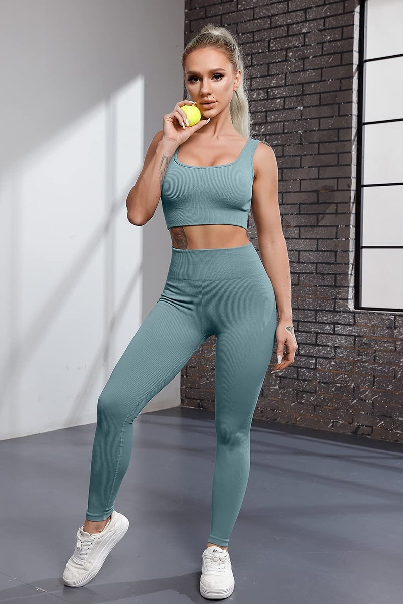 QINSEN Womens Yoga Pants Bodycon 2 Piece Outfits Sport Bra High Waist Seamless Leggings Blue S
