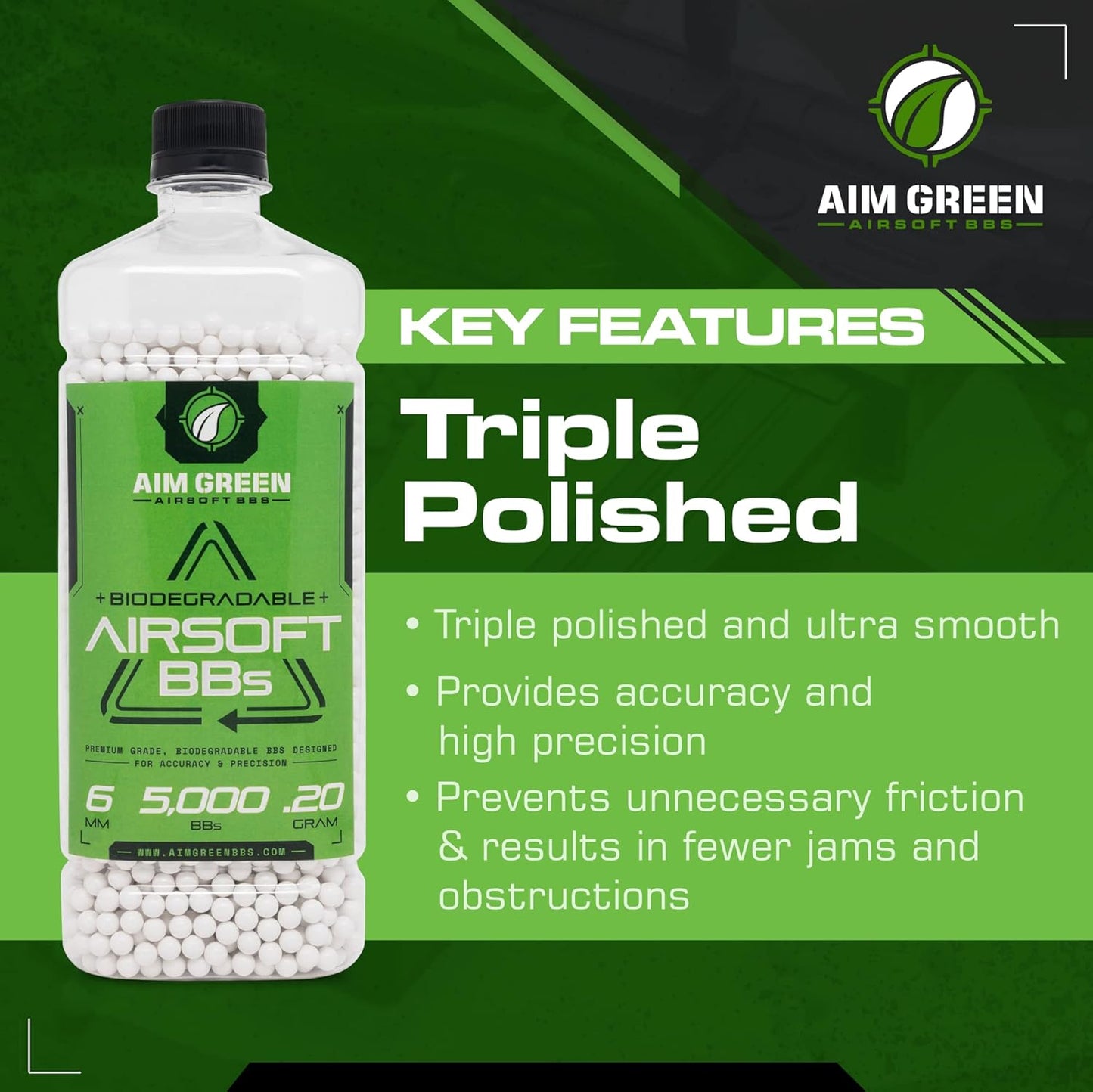 Aim Green Biodegradable 6mm Airsoft BBs - Premium-Grade, 20g to 40g, Available in 2,500 to 10,000 Count