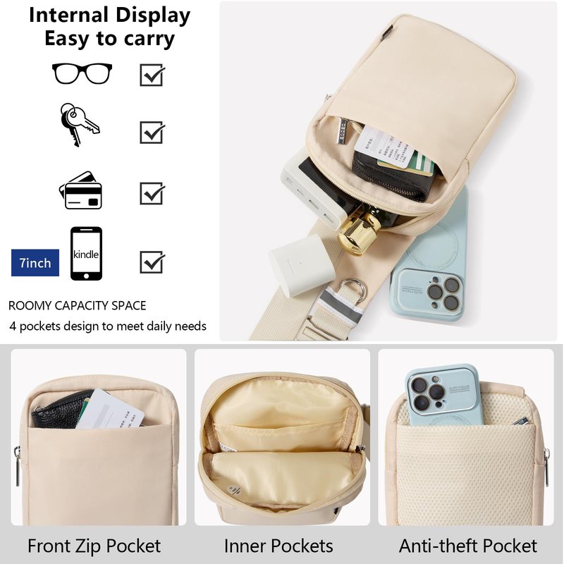 OSOCE Small Sling Bag for Men and Women with RFID Pocket, Anti Theft Crossbody Chest Bag Casual Travel Bag for Hiking,Beige,Small
