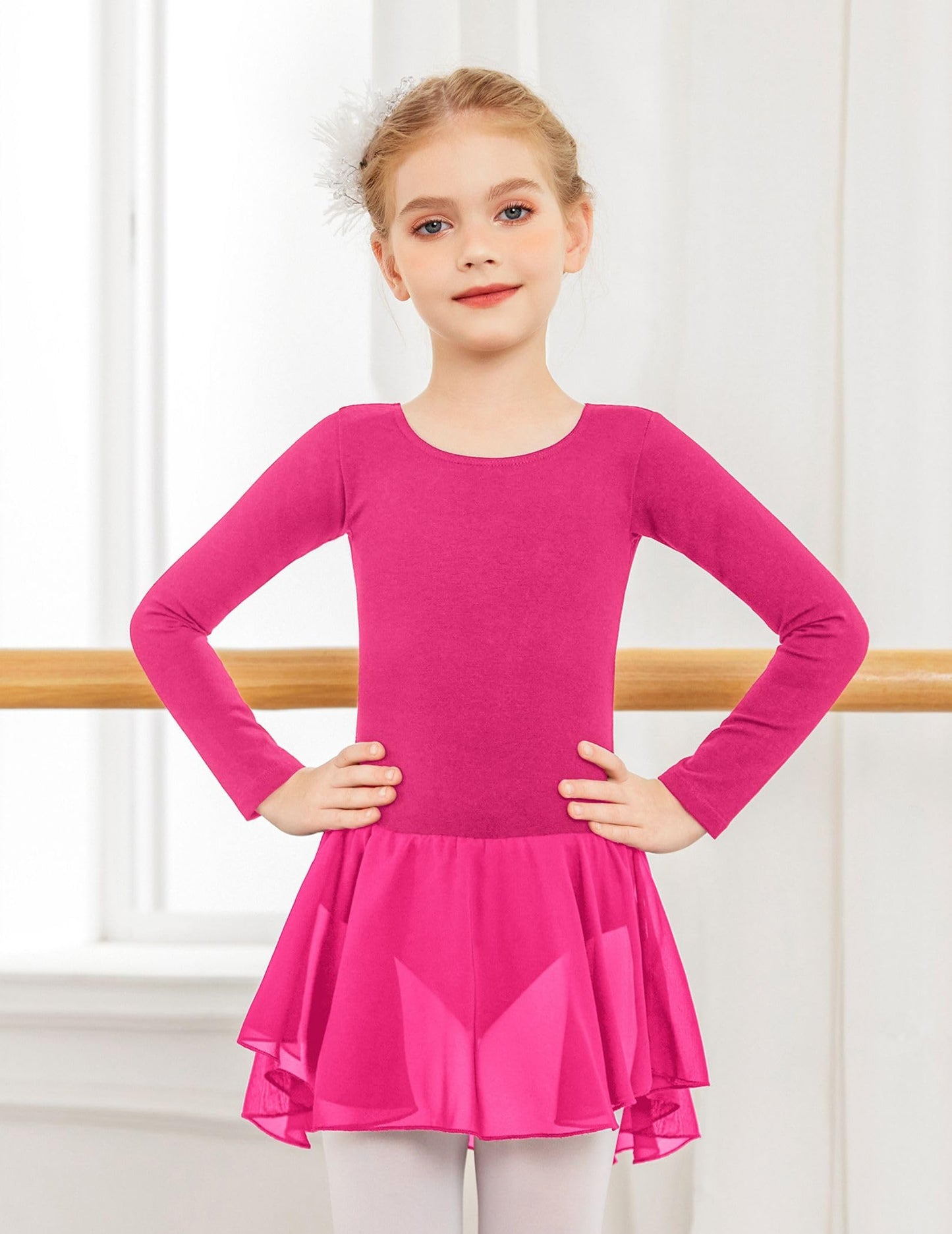 Arshiner Kids Girls Classic Long Sleeve Leotard Dance Ballet Dress Rose Red