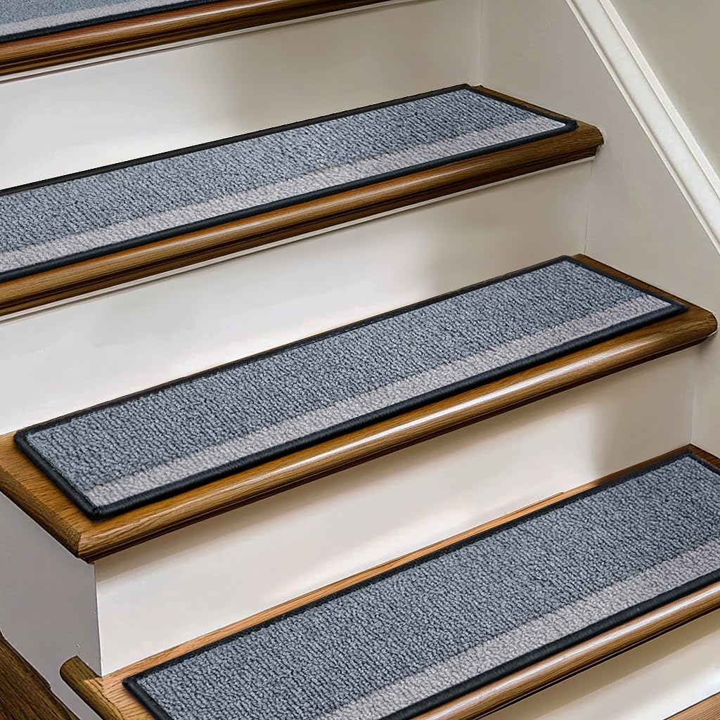 J JIMOO Stair Treads Non Slip for Wooden Steps, 15 PCS 8" X 30" Stair Carpet Runner Indoor with Extra Adhesive, Edging Staircase Rugs for Kids Pets Elders, Gray