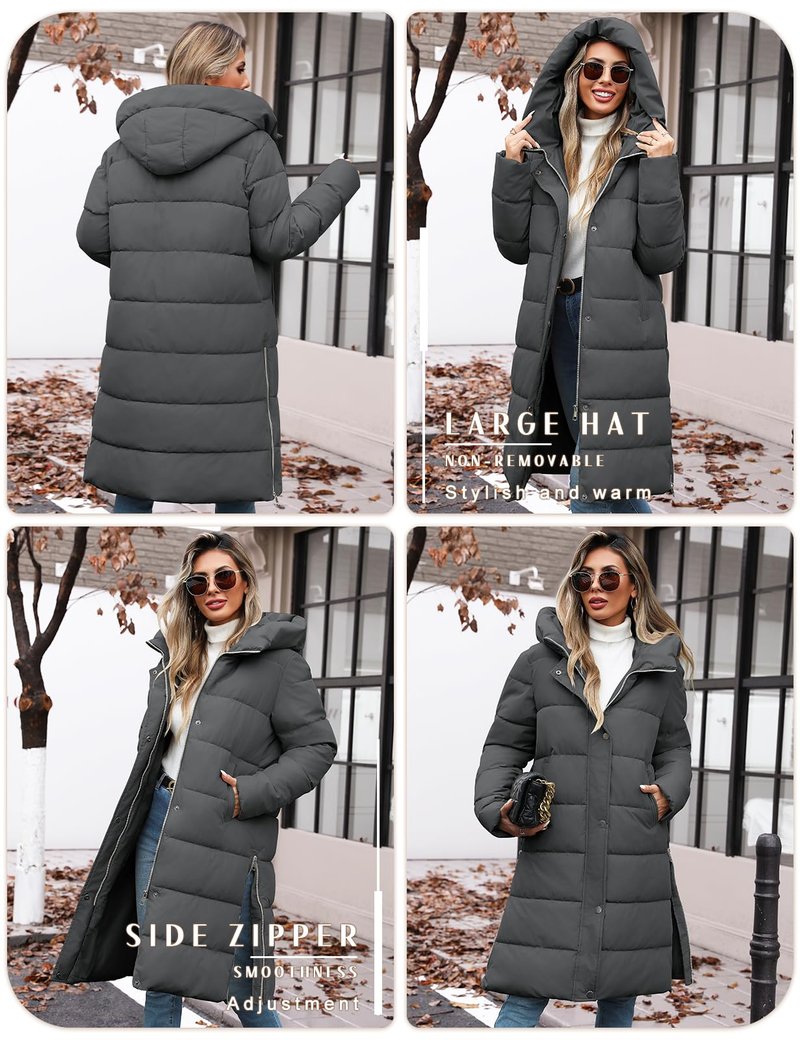 VXVGER Winter Coats for Women-Puffer Jacket Hooded Warm Winter Long Coat Thickened Down Alternative Jacket Outwear, Dark Gray, XL