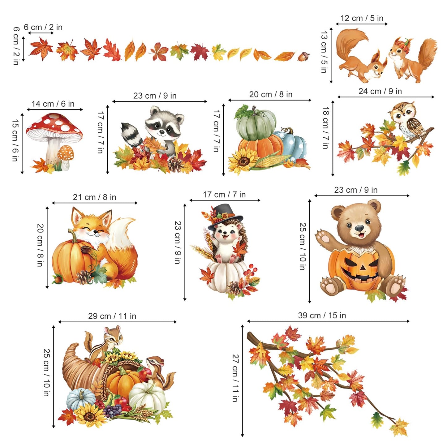 decalmile Woodland Animals Fall Pumpkin Double Sided Window Clings Thanksgiving Autumn Harvest Bear Fox Racoon Anti-Collision Glass Doors Window Stickers Decals