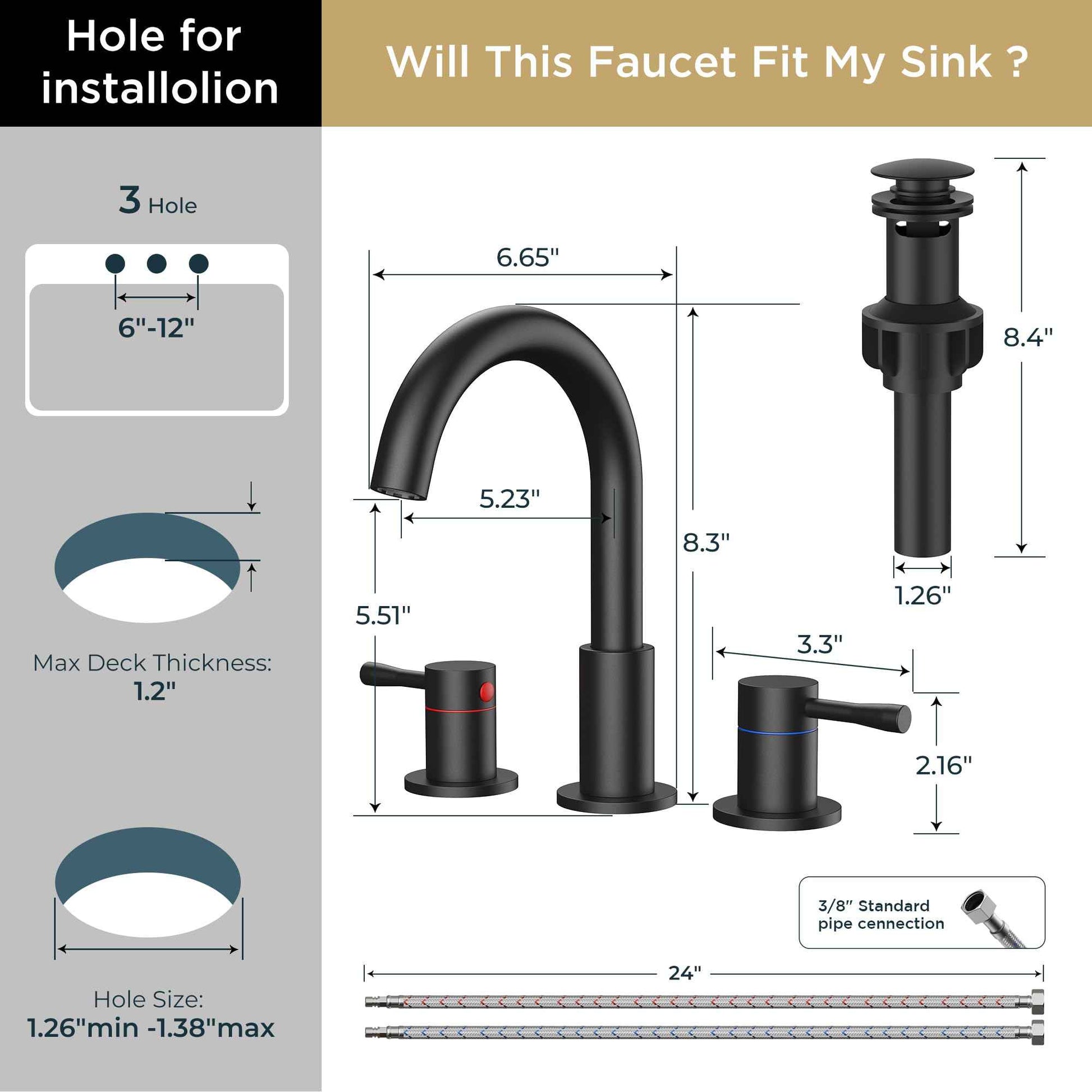 FORIOUS Black Bathroom Faucet 3 Hole, 360° Swivel 8 Inch Widespread Bathroom Sink Faucet with Deck Plate and Pop Up Drain 2 Handle Faucets for Sink, Vanity, RV, Lavatory, Farmhouse