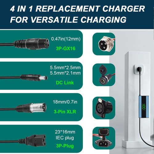 54.6V 2A Electric Scooter Charger with LED Charging Display (1-100%), for Hoverboard with 5 Connectors, Universal Charger for All 48V Lithium Batteries, for N-inebot, Kugoo (Blue