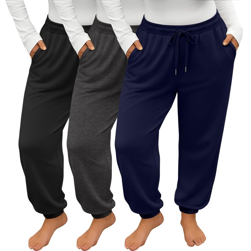Evervibe 3 Pack Women's Plus Size Joggers, Drawstring Loose Fit Sweatpants Comfy Casual Lounge Pants with Pockets(Black, Dark Gray, Navy Blue,3X-Large)