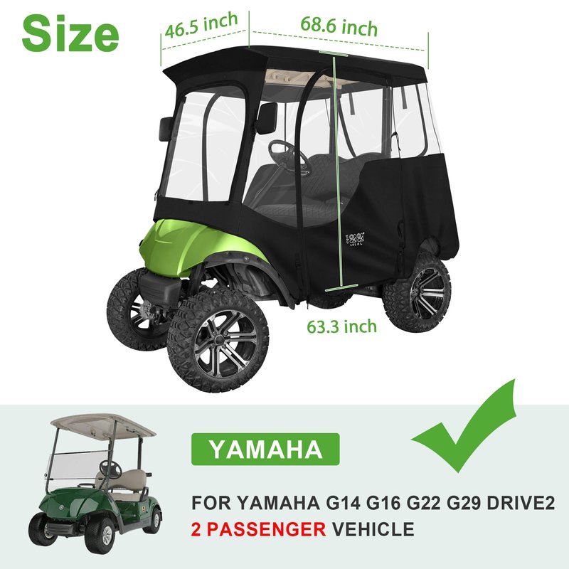 10L0L 2 Passenger Golf Cart Enclosure for Yamaha G14 G16 G22 G29 Drive 2,Waterproof 600D Rain Cover,with Side Mirror Opening,Transparent Tail Light Panel,Foldable Door,Windshield,4-Sided Clear Windows
