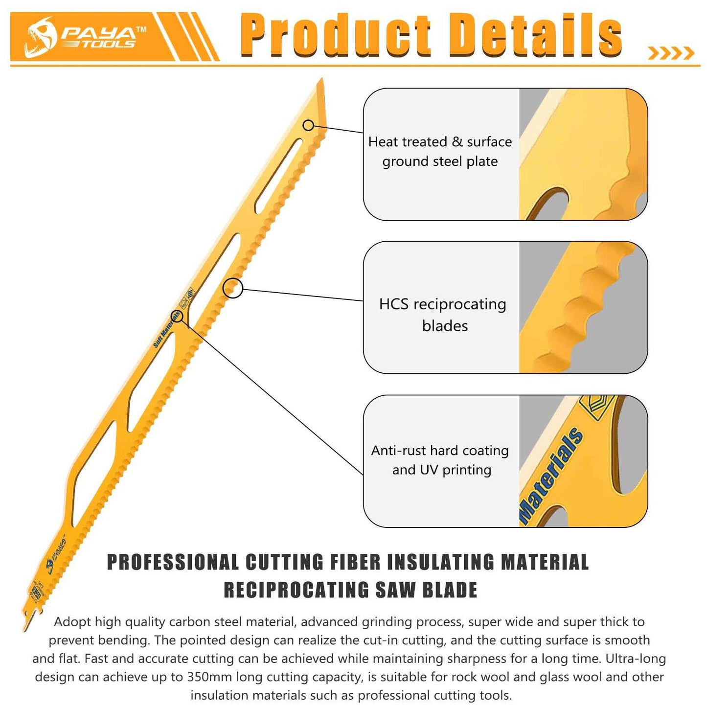 PAYA TOOLS 1x PRO Fibre Insulation Reciprocating Saw Blade,Professional Accessory Reciprocating Saw for Mineral Wool,Insulated Pipe and Other Soft Materials,16''(400mm)