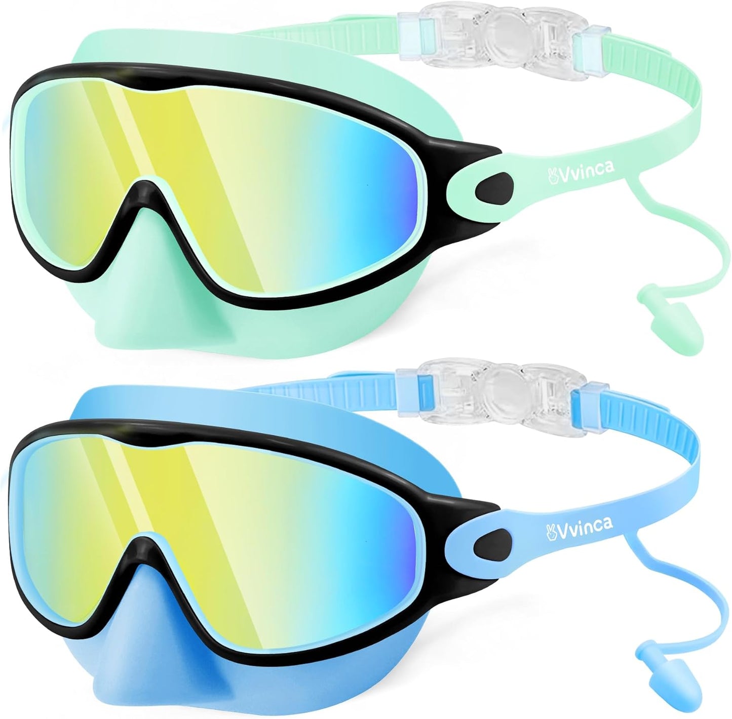 Vvinca Kids Swim Goggles - Anti-Fog Wide View with Nose Cover & Earplugs | Ages 3-12