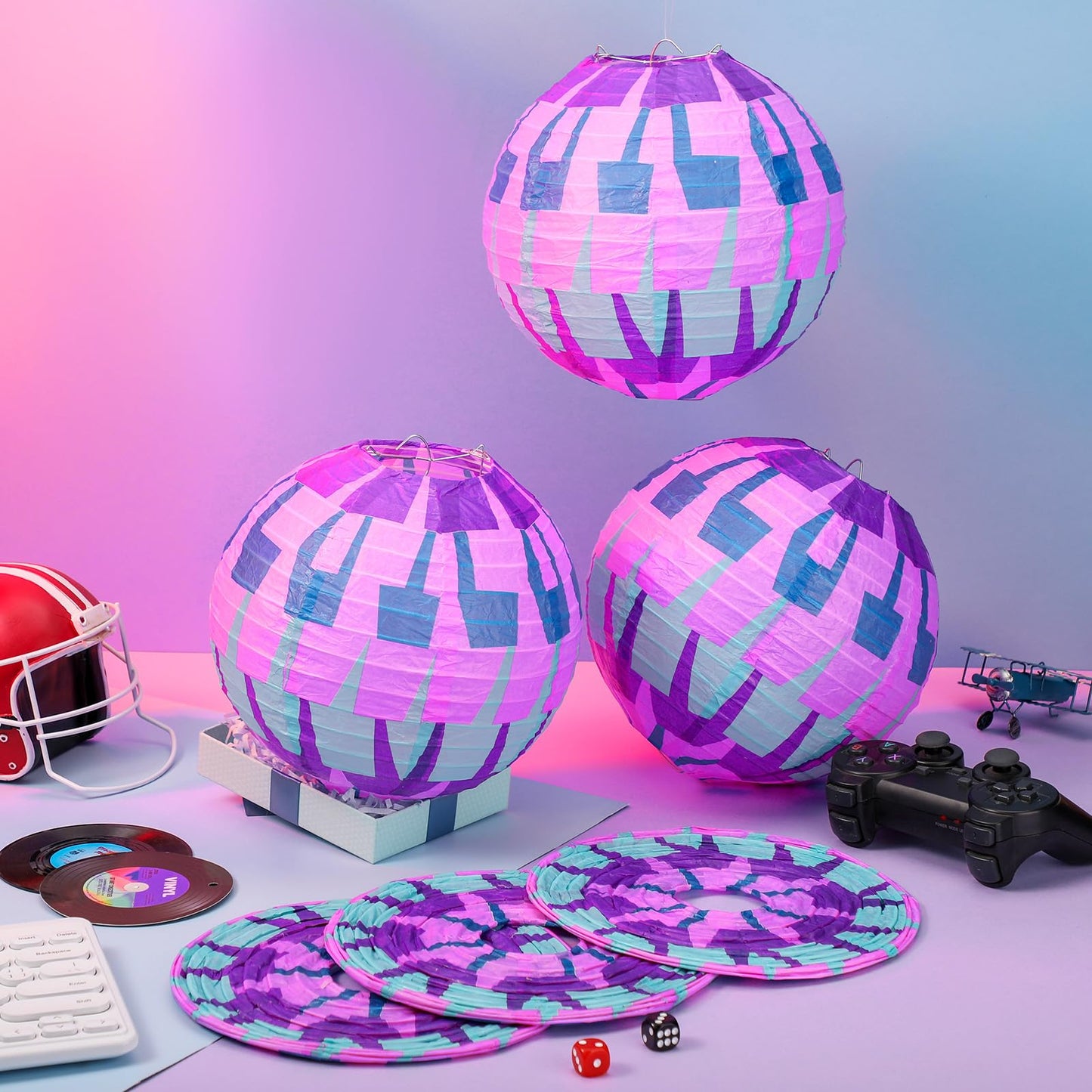 Leinuosen 12 Pcs Video Games Themed Paper Lanterns 8 Inch Llama Theme Party Paper Lanterns Purple Blue Piñata Gaming Hanging Decorations for Game Fans Birthday Baby Shower Party Supplies