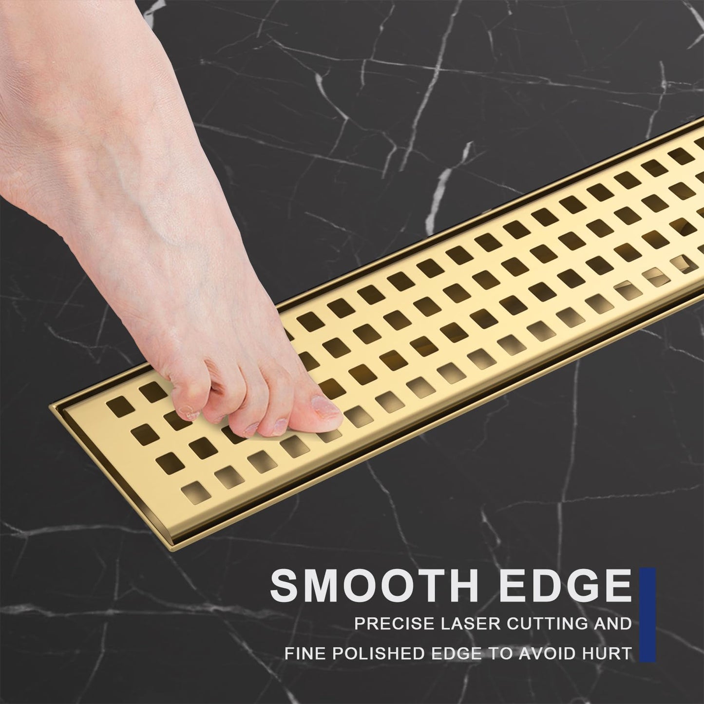 Linear Shower Drain | 24 Inch AISI 304 Stainless Steel Shower Drain, Brushed Gold Linear Drain with Removable Quadrato Grate Cover & Adjustable Feet, Rectangle Floor Drain, in Bathroom Balcony etc