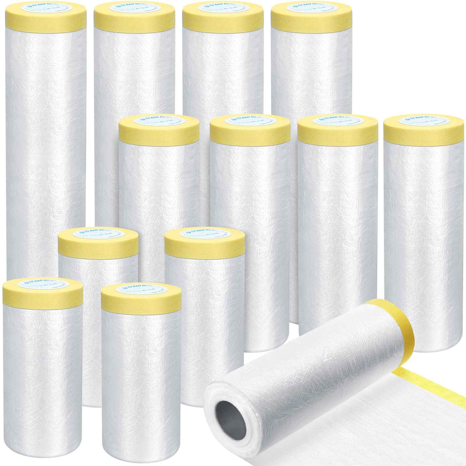 Fainne 12 Rolls Assorted Plastic Sheeting Pre Taped Masking Film Clear Masking Paper for Automotive Painting Covering Painting Supplies, 3 Multi Sizes x 66 Feet/roll