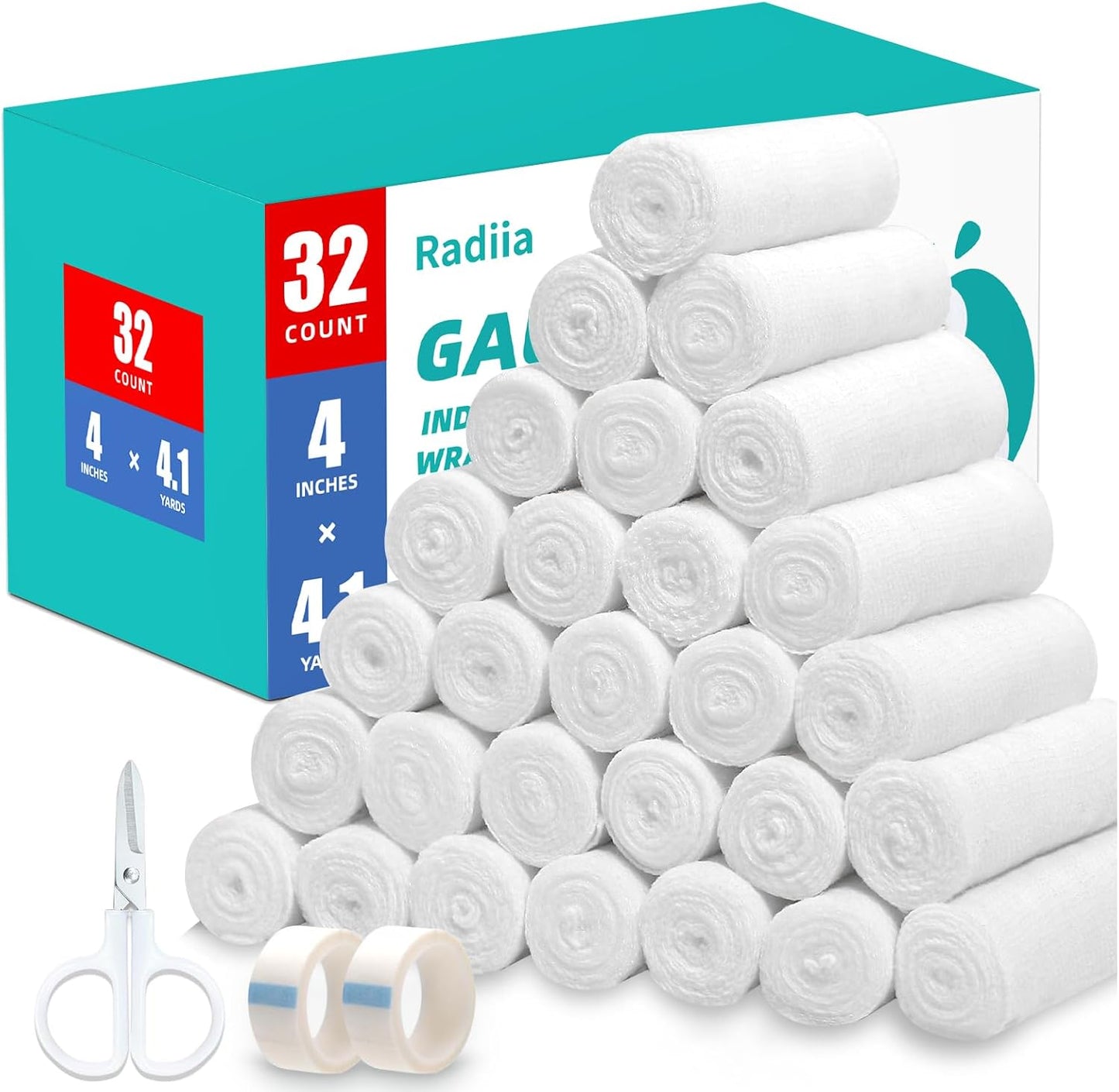 Skiennix Premium Stretch Bandage Wrap - 32 Pack Gauze Rolls, 4" x 4.1 Yards, Latex-Free First Aid Supplies