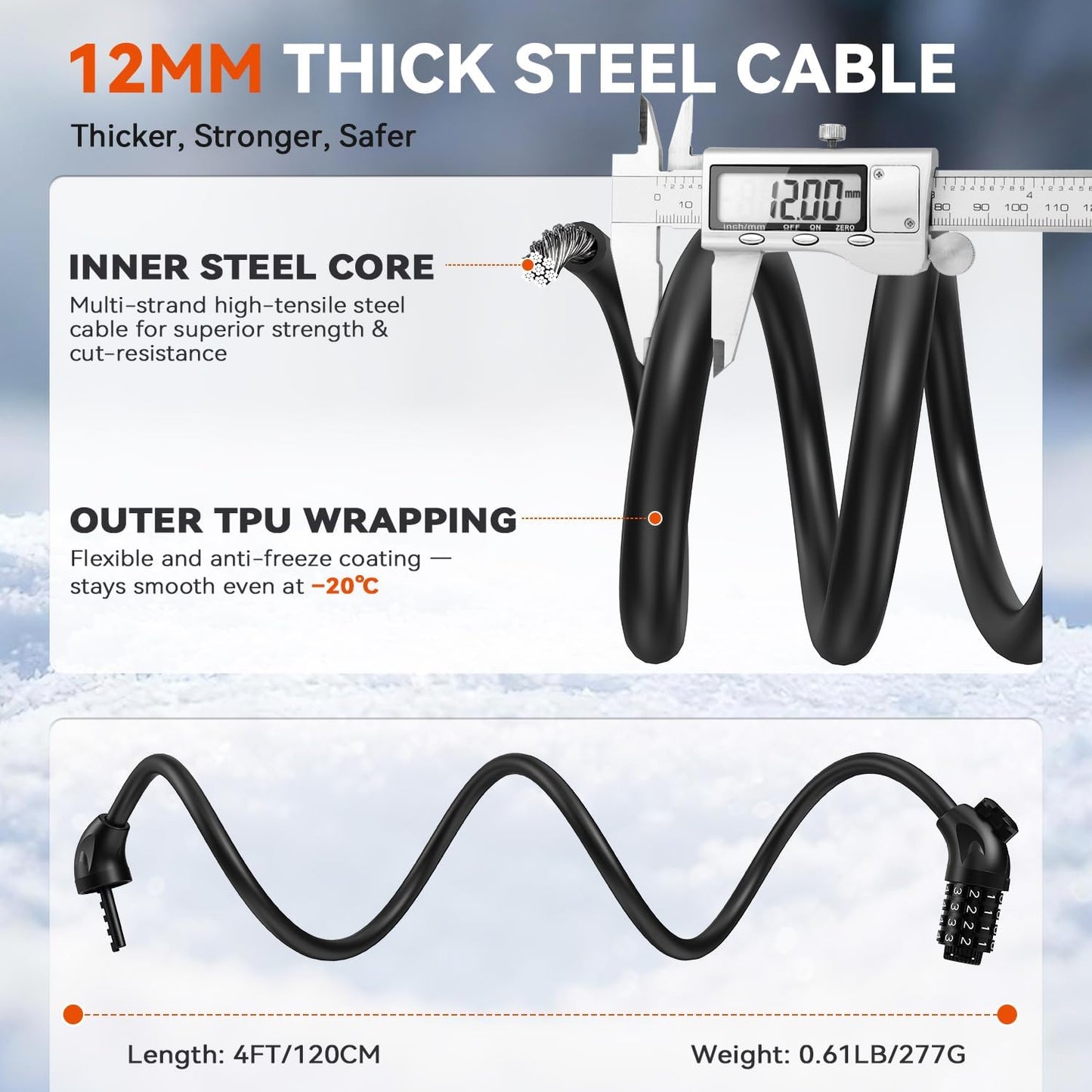 Sportneer Bike Lock - 4-Digit Combination, Weatherproof 12mm Heavy Duty Steel - 4ft Cable for Bikes & Scooters