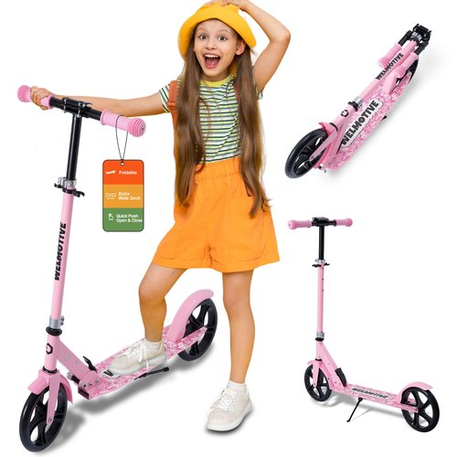 Kick Scooter for Kids Ages 6+, Teens & Adults, Adjustable Handlebars, Rear Brake, Big Wheel Foldable Scooter for Indoor & Outdoor