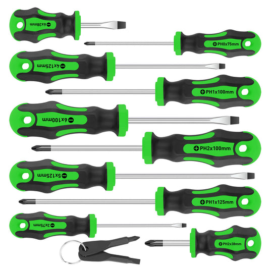 Amartisan 10-Piece Magnetic Screwdrivers Set, 5 Phillips and 5 Slotted Tips Professional Cushion Grip Screwdriver Set 2pcs Portable Multifunction Key Mini Screwdriver (Green)