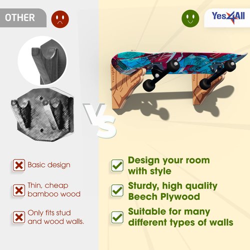 Yes4All Unique Wooden Skateboard Rack, Wall Mounted Longboard Storage for Home Decor and Garage Organizer