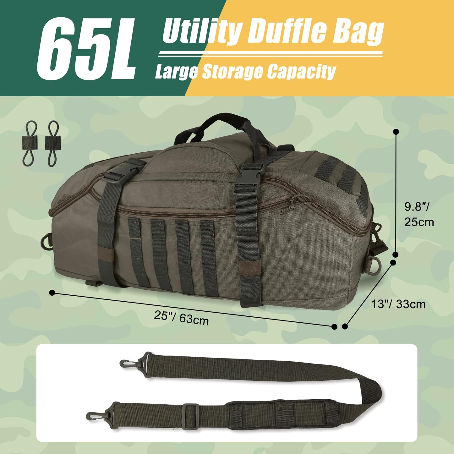 EASY BW 65L Large Travel Gym Duffle Bag with Tensile Strength Pom Buckle Military Tactical Backpack, Army Pack for Outdoor Sport with Molle System, Olive Green