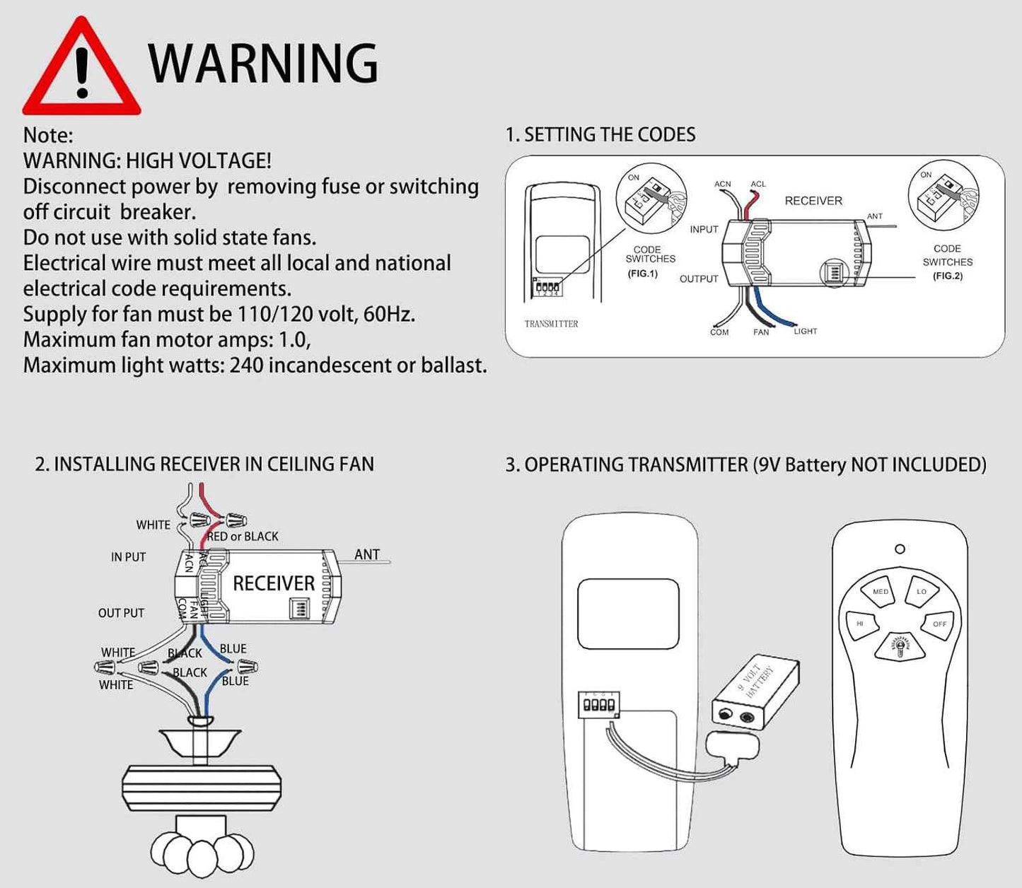 Universal Ceiling Fan Remote Control Kits with Light Dimmer 3 Speed Fan Controller Replacement for Hampton Bay Hunter Harbor Breeze Westinghouse Honeywell & More FAN-35T KUJCE9603 L3HFAN35T1