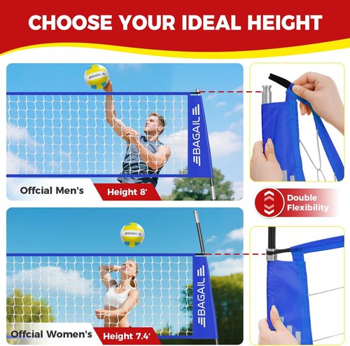 BAGAIL Volleyball Net - Portable 12ft/20ft Adjustable Height Set | Heavy-Duty Frame & Carry Bag