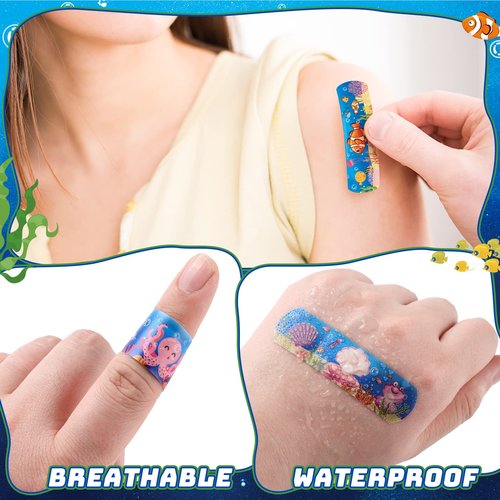 200 Pcs Kid Bandages Bulk Cute Cartoon Bandage Children's Adhesive Flexible Colorful Strip Waterproof Breathable PE Stickers Protection Care Cuts for Ocean Under Sea Party Girl Boy