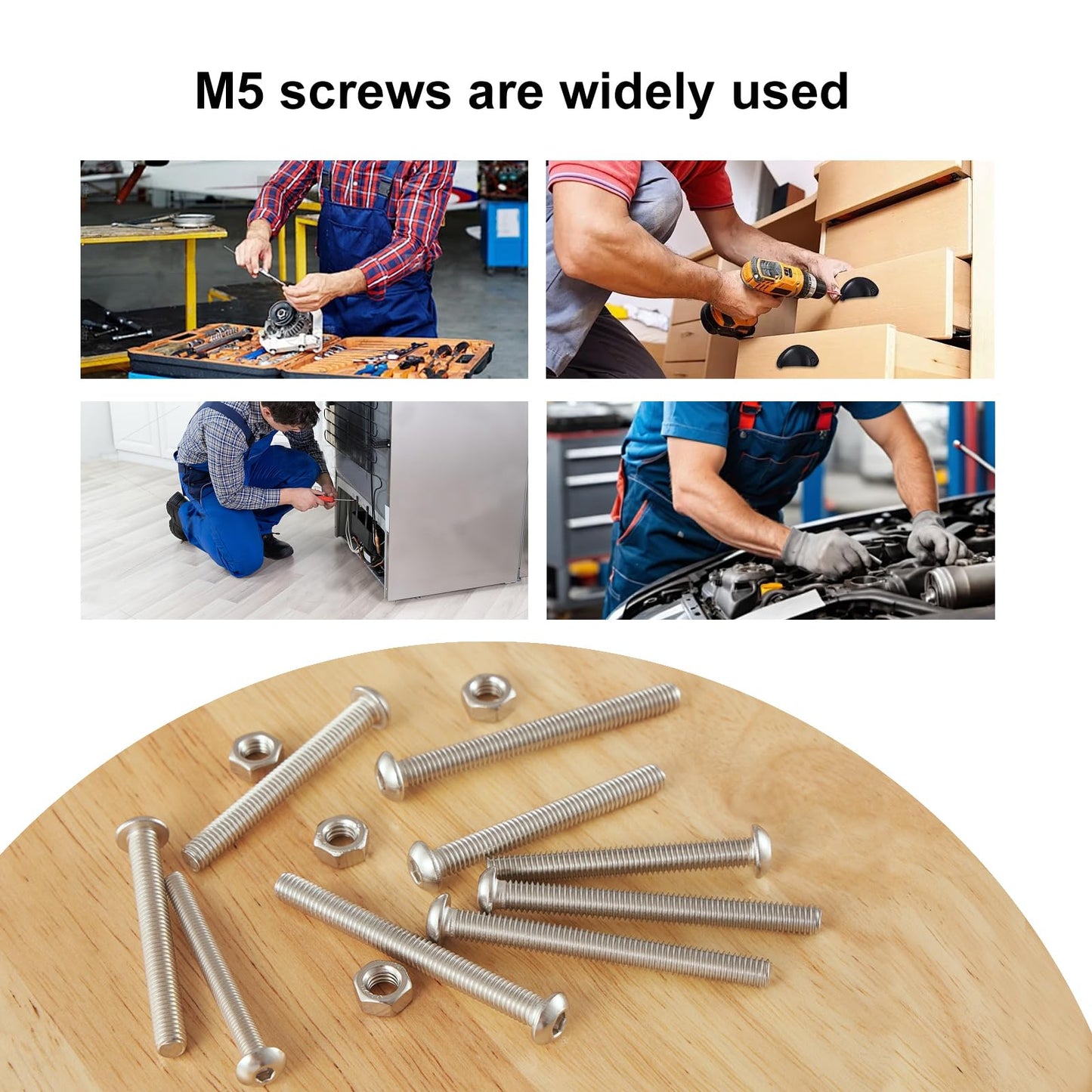 GuoYomm 50PCS M5 x 50mm 60mm 70mm 80mm, Button Head Socket Cap Screws Bolts Nuts Kit, Stainless Steel 304, Metric Allen Hex Drive, Fully Threaded