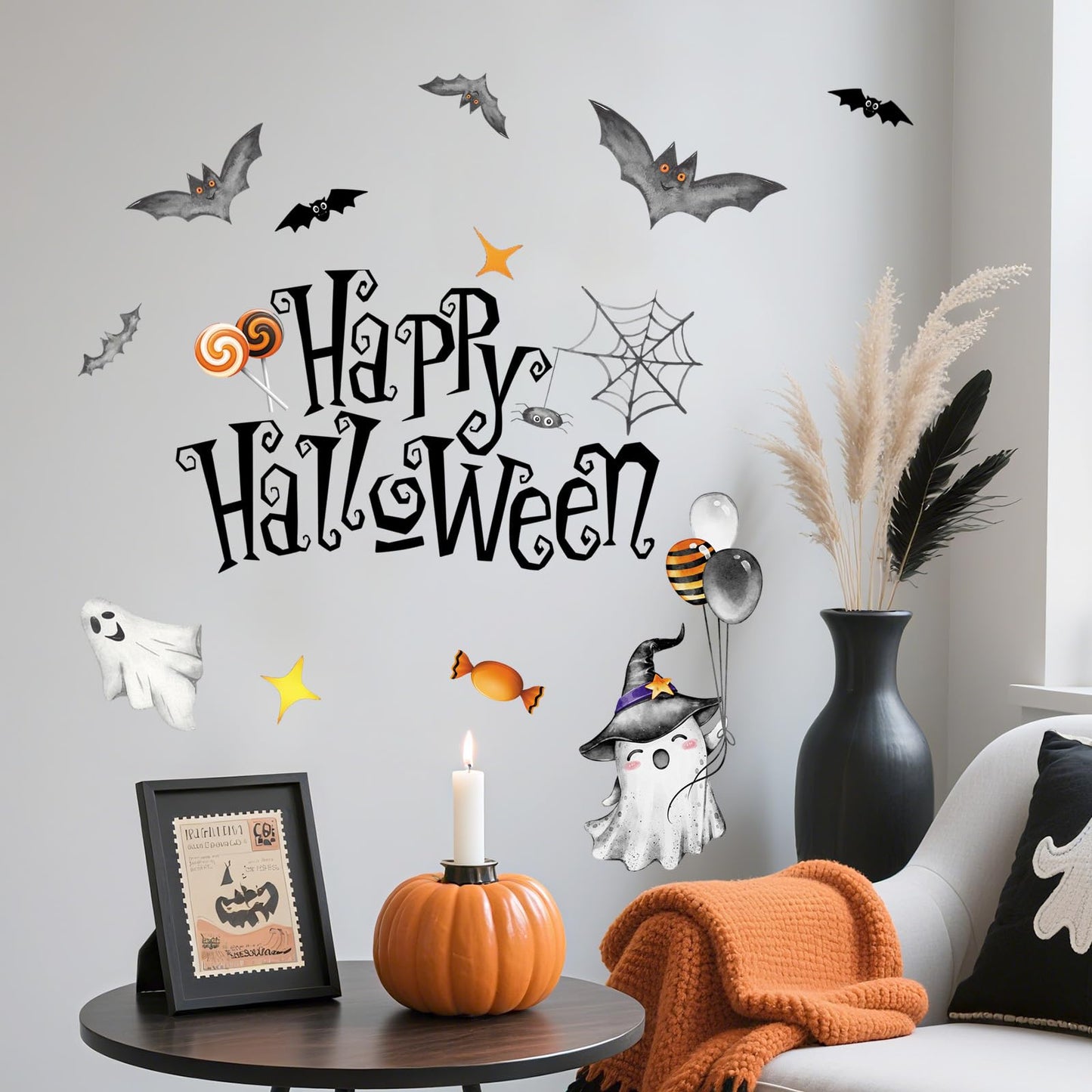 39Pcs Halloween Wall Stickers Cute Ghost Pumpkin Wall Decals Watercolor Peel and Stick Vinyl Decals Self-Adhesive Halloween Window Clings for Party Supplies Gift