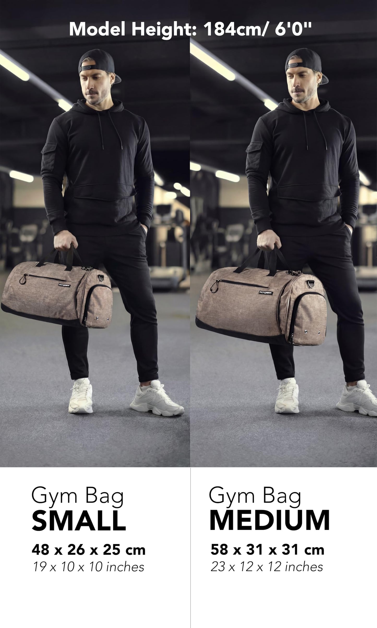 Fitgriff® Gym Bag for Men & Women with Shoe & Wet Compartment - Duffle Bag for Travel, Sports, Fitness & Workout (Sand, 23 x 12 x 12″ (Medium))