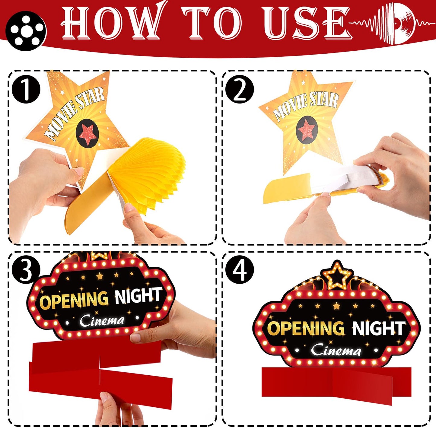 Chinco 12 Pieces Movie Night Party Decorations Supplies Movie Theater Honeycomb Centerpiece 3D Microphone Ticket Star Video Paper Centerpiece Sign Table Decoration for Theater Birthday Party Favors
