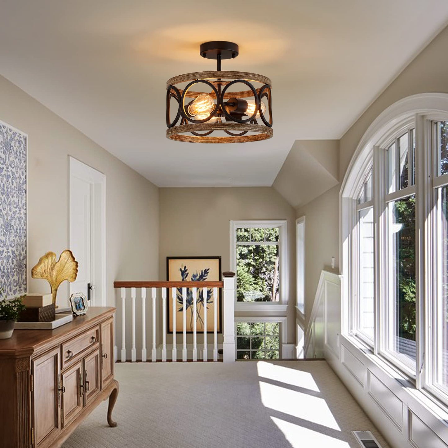 MEIXISUE Semi Flush Mount Modern Farmhouse Ceiling Light Fixtures,3-Lights Black and Retro Wood Finish,Drum Shade Rustic Light Fixtures for Entryway Hallway Foyer Kitchen Dining Room Bedroom